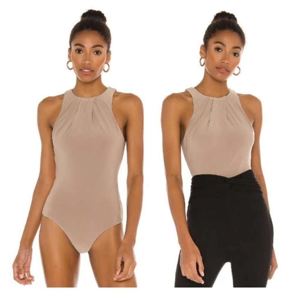 NBD Montana Bodysuit Nude Pleated Minimalist High Neck Halter Style Top - Medium
